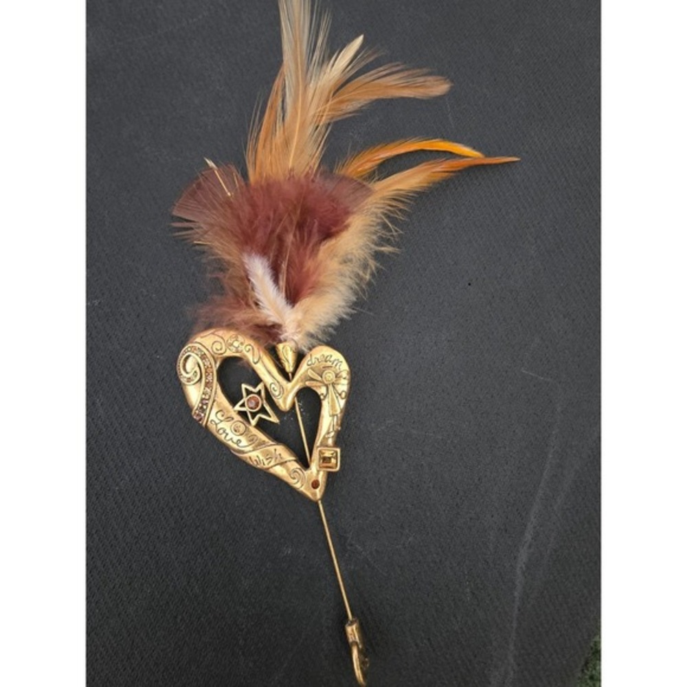 Chicos Heart Star Feather Stick Pin Brooch Gold Tone Love‎ Dream Wish Rhinestone